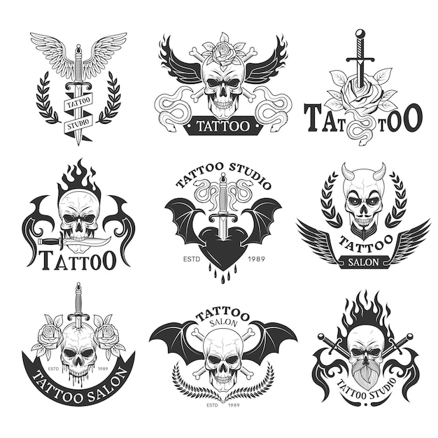 Tattoo labels Badges voor menselijke huid recente vector modieuze sjablonen van creatieve labels