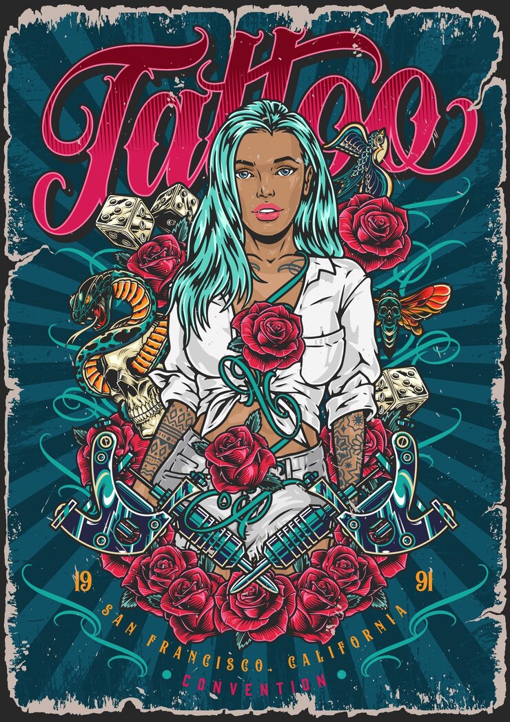 Vector tattoo latino girl colorful poster