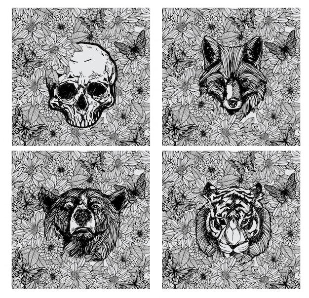 動物の手描きのタトゥーと黒と白のスケッチ