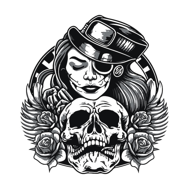 Tattoo ontwerp van meisje in hoed en schedel