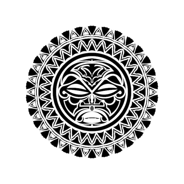 Vettore ornamento del tatuaggio con stile maori del fronte del sole. maschera etnica africana, azteca o maya.