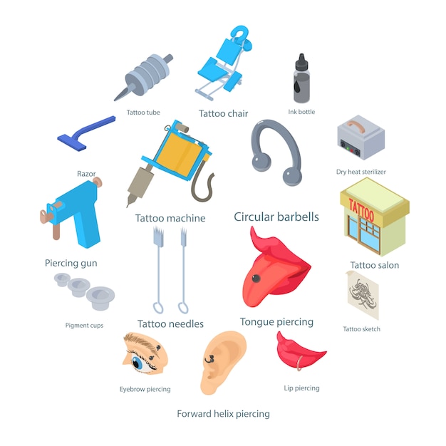 Set di icone di salone di tatuaggio, stile isometrico