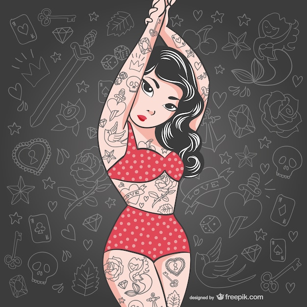 Vector tattoo pin-up woman doodle symbols