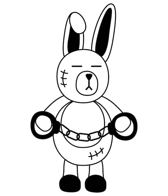 Tattoo rabbit with handcuffs in the style of the 90s, 2000s. Black and white single object