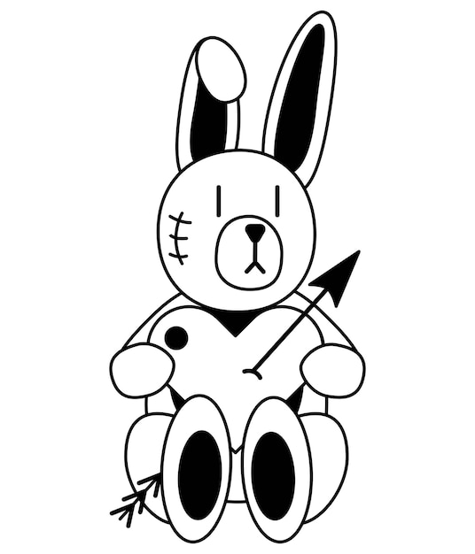 Tattoo rabbit with heart in the style of the 90s 2000s Black and white single object illustration
