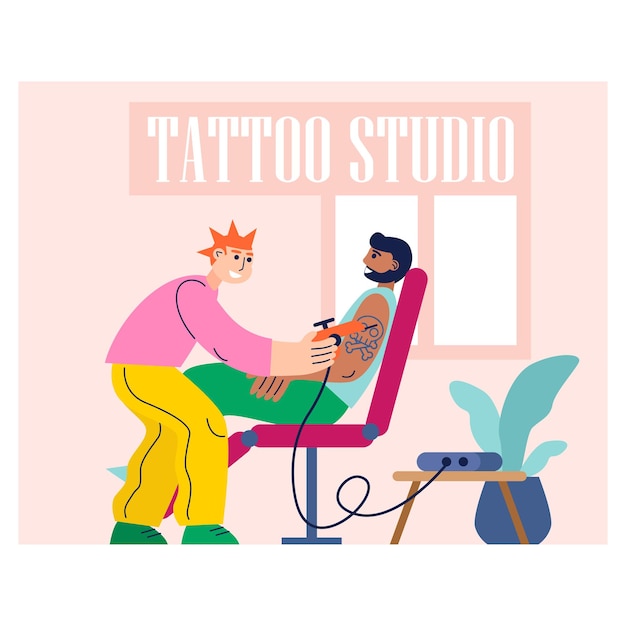 Tattoo salon concept Mannelijke ambachtsman met punk kapsel krijgt tatoeage van man karakter