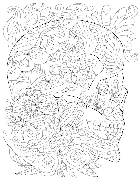 Tattoo schedel lijntekening omringd door mooie rozen en aangename bladeren die in zijaanzicht kijken