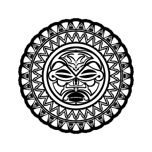 Tattoo sieraad met zon gezicht Maori stijl. Afrikaans, Azteken of Maya etnisch masker.