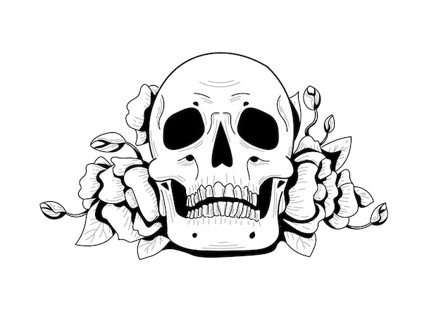 Tattoo sketch skull with poppy flowers Black and white