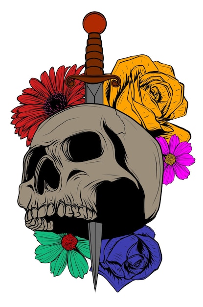 Vector tattoo skull with roses and knife