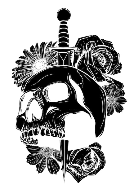 tattoo skull with roses and knife