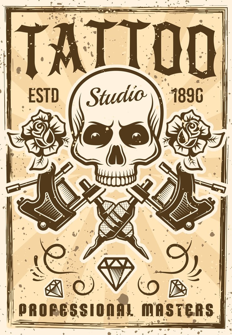 Vector tattoo studio advertising poster in vintage style illustration