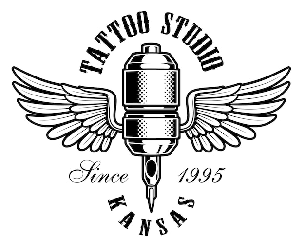 Vettore emblema di studio del tatuaggio. illustrazione d'epoca della macchina del tatuaggio con le ali. il testo è sul livello separato.