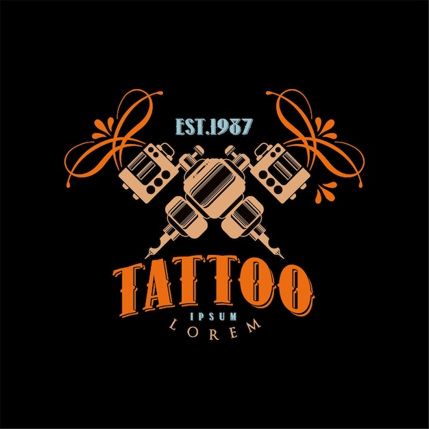 Tattoo studio logo ontwerpsjabloon estd 1987 retro stijl embleem met tattoo machine vector illustratie op een zwarte achtergrond