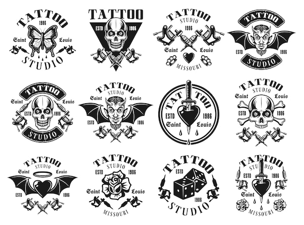 Tattoo studio set of twelve vector emblems, t shirt prints, labels, badges or logos in vintage monochrome style isolated on white background