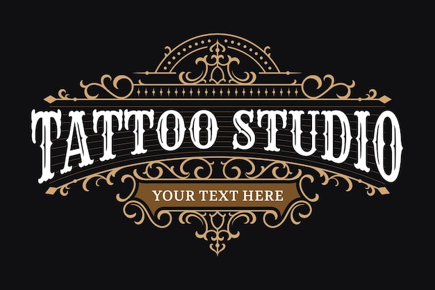 Vector tattoo studio vintage lettering logo with decorative ornamental frame