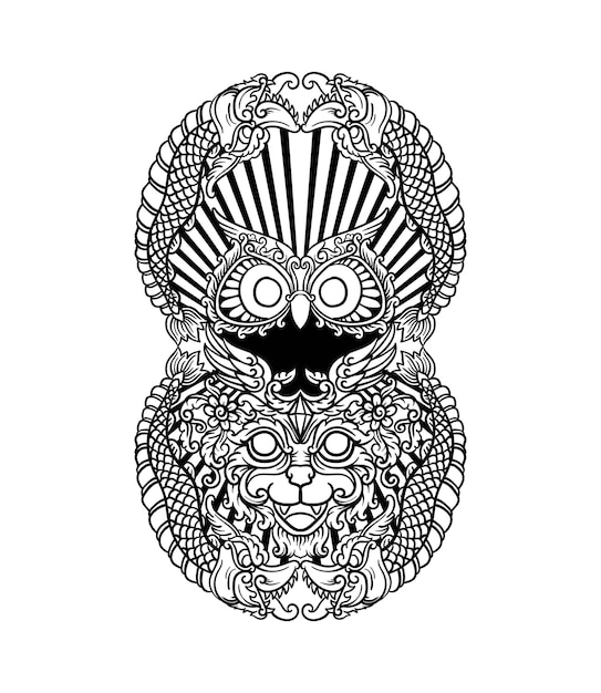 Tattoo t shirt and coloring book design black and white hand drawn owl cat and dragon engraving ornament