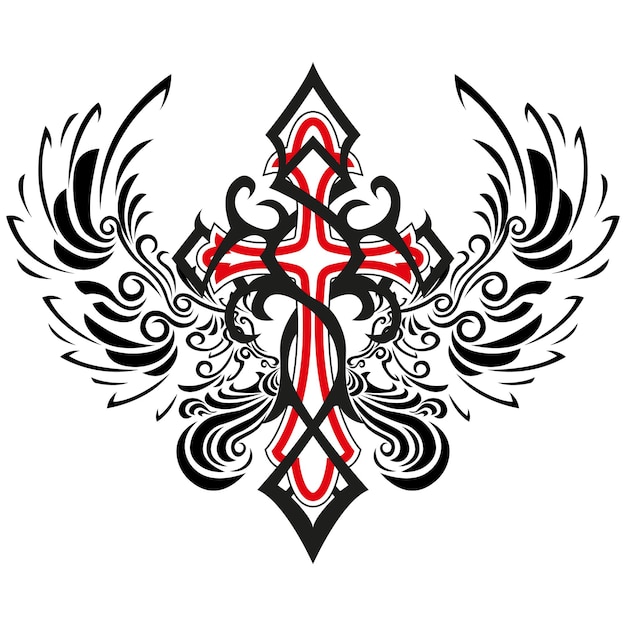 문신과 티셔츠 디자인 검정색과 빨간색 손으로 천사 날개 벡터 아트웍으로 거룩한 십자가를 그리다