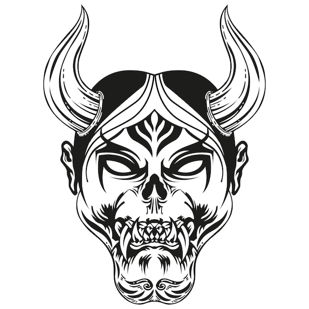 Tattoo and t shirt design black and white hand drawing devil head mask vector artwork