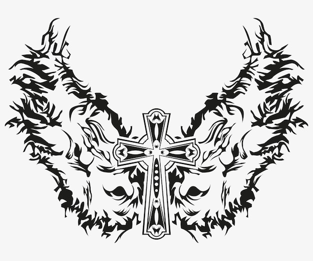 Tattoo And T Shirt Design Black And White Hand Drawing Holy Cross Butterfly Vector Artwork