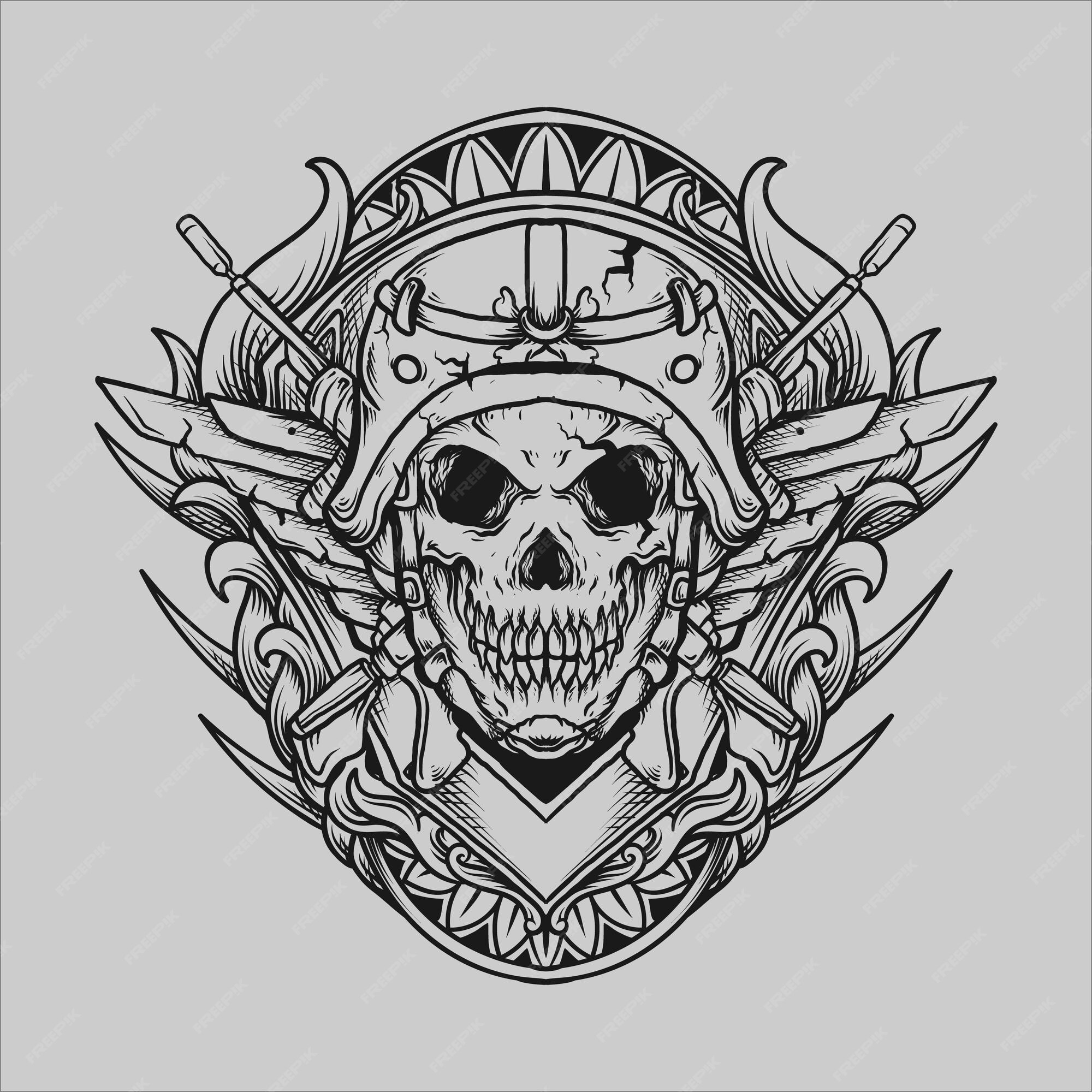 Premium Vector  Warrior skull, t shirt , hand drawn line style