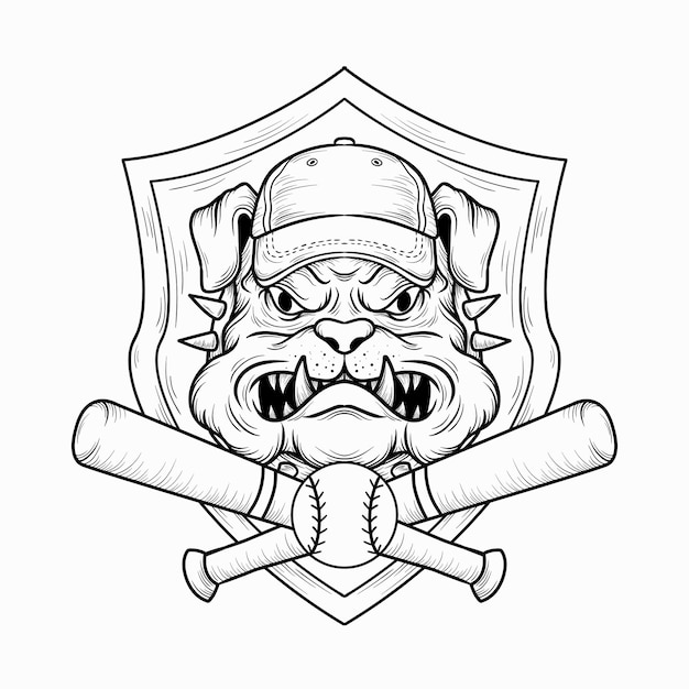 Vettore tatuaggio e maglietta design baseball bulldog disegnato a mano in bianco e nero