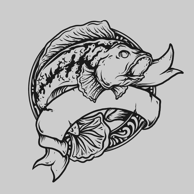 Tatuaggio e t-shirt design in bianco e nero disegnato a mano chana predatore pesce incisione ornamento