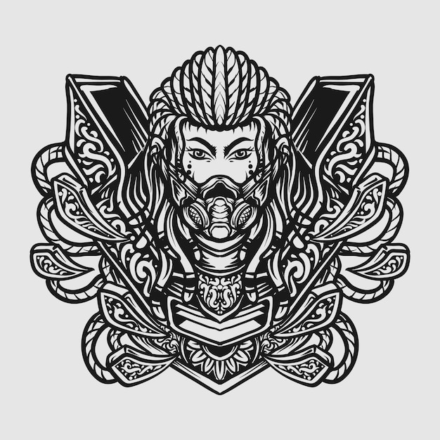 Vector tattoo and t shirt design black and white hand drawn cyborg engraving ornament