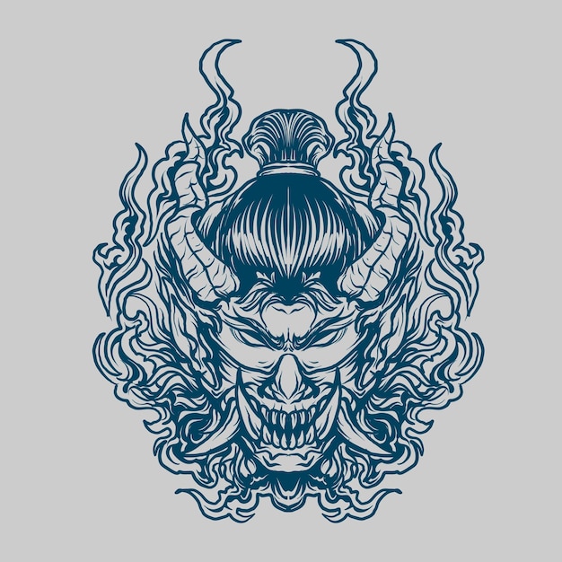 タトゥーとTシャツのデザイン黒と白の手描きの悪魔の頭