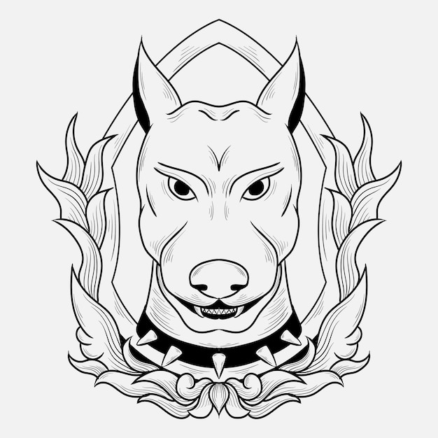 Tatuaggio e t-shirt design ornamento incisione cane disegnato a mano in bianco e nero