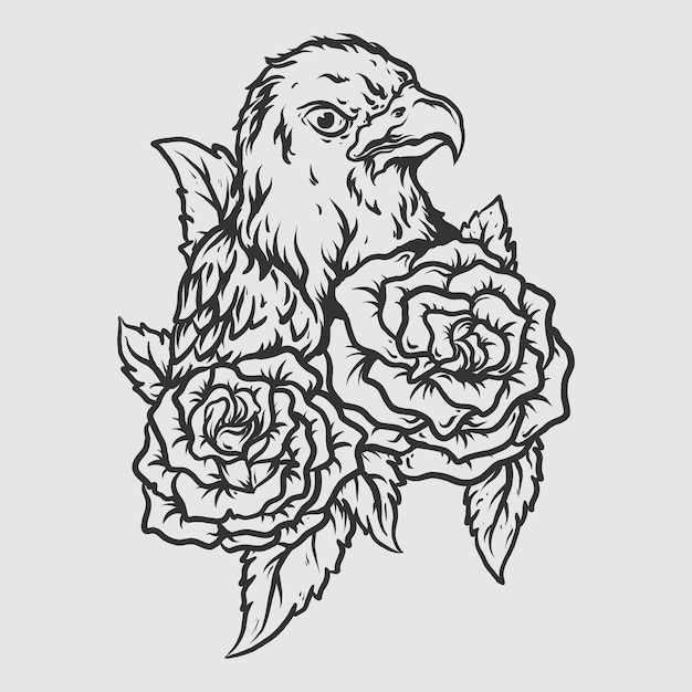 Tatuaggio e t-shirt design aquila disegnata a mano in bianco e nero con rosa