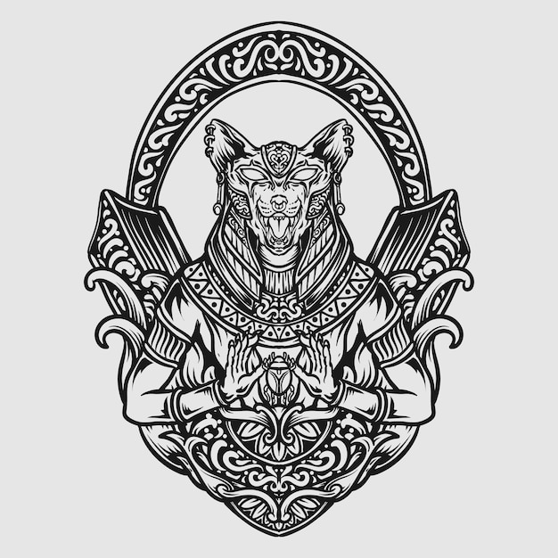 Tattoo and t shirt design black and white hand drawn goddess sekhmet engraving ornament