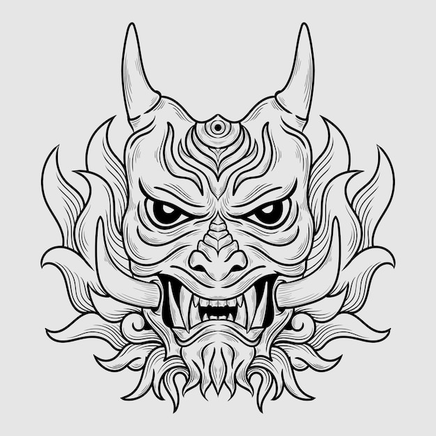 Vettore tatuaggio e t shirt design in bianco e nero disegnato a mano maschera hannya incisione ornamento