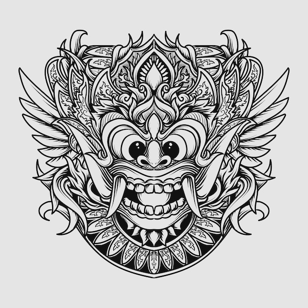 Disegno del tatuaggio e t-shirt illustrazione disegnata a mano in bianco e nero ornamento incisione barong