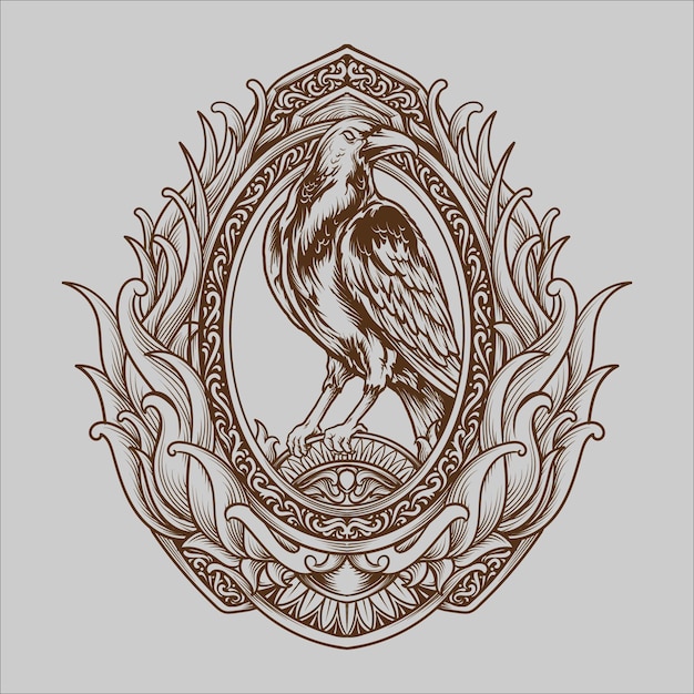 Tatuaggio e t-shirt design in bianco e nero illustrazione disegnata a mano corvo incisione ornamento