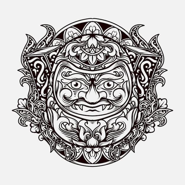 Tatuaggio e t-shirt design illustrazione disegnata a mano in bianco e nero ornamento incisione daruma