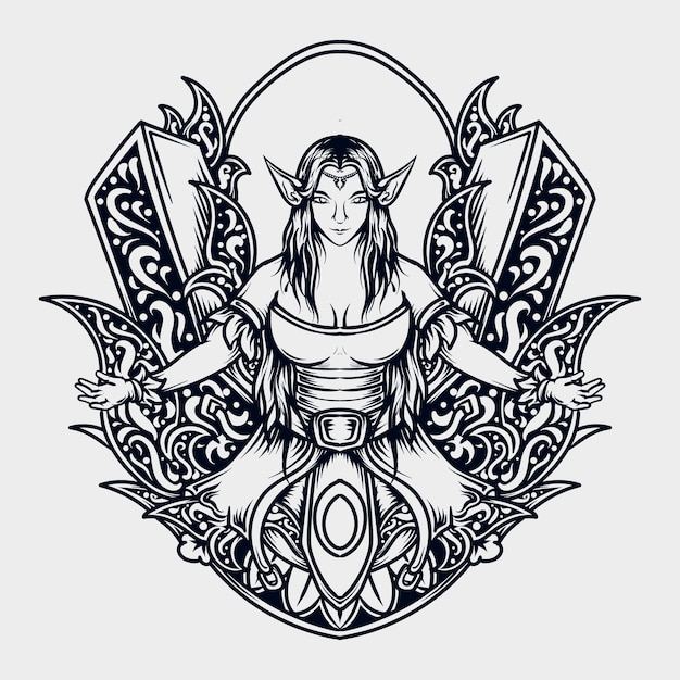 Tattoo and t-shirt design black and white hand drawn illustration elf engraving ornament