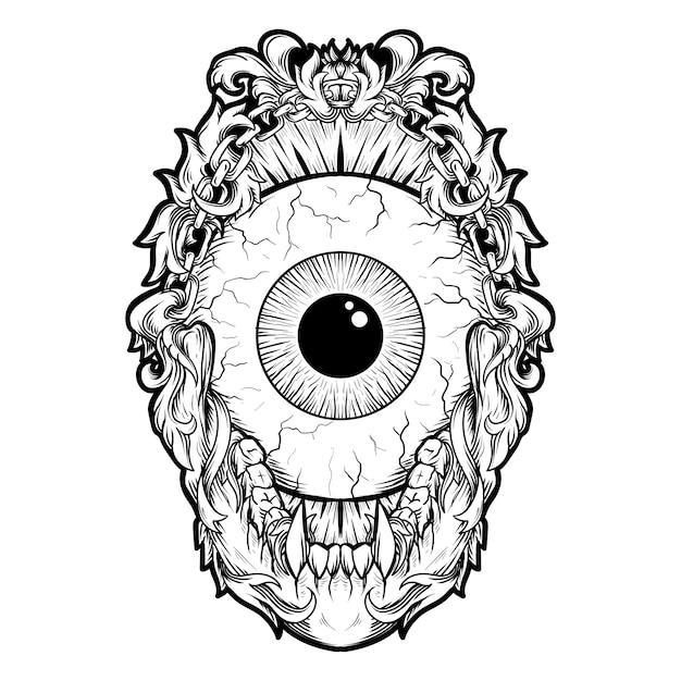 Vector tattoo and t-shirt design black and white hand drawn illustration eye ball engraving ornament