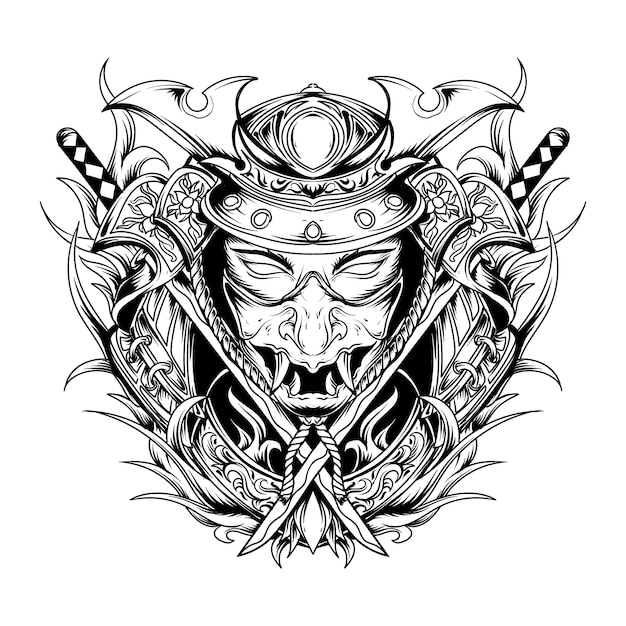 Disegno del tatuaggio e t-shirt in bianco e nero illustrazione disegnata a mano ron samurai incisione ornamento