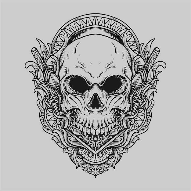 tattoo and t shirt design black and white hand drawn illustration skull engraving ornament