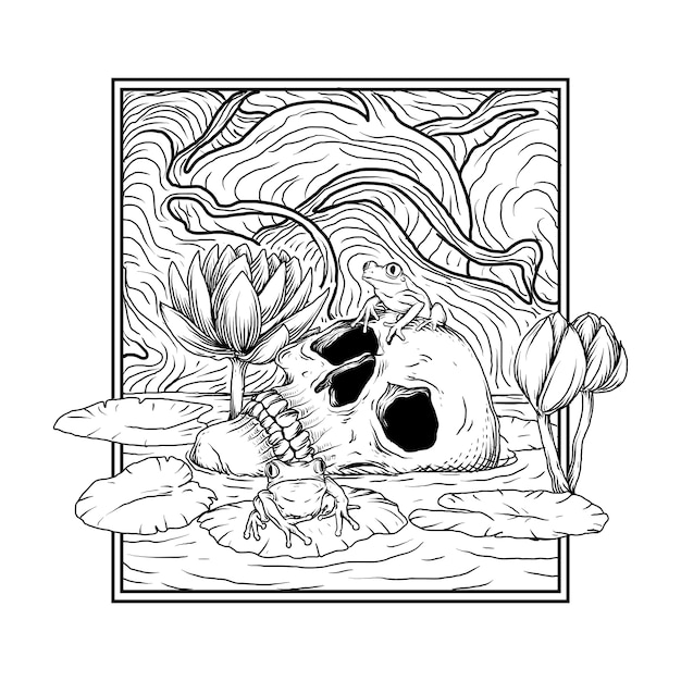 tattoo and t-shirt design black and white hand drawn illustration skull frog and lotus 