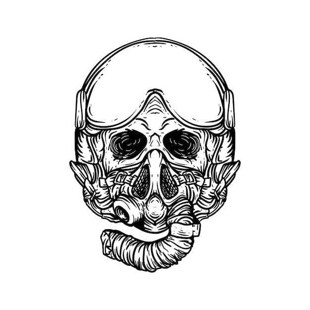 Vector tattoo and t-shirt design black and white hand drawn illustration skull with pilot jet helmet