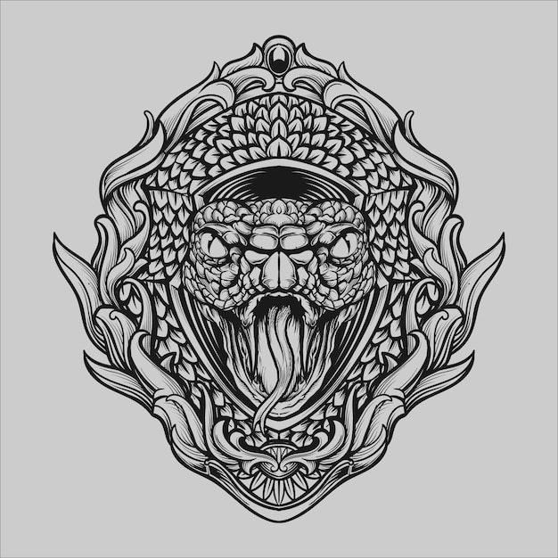 татуировка и дизайн футболки черно-белая рисованная иллюстрация змеиная голова гравировка орнамент
