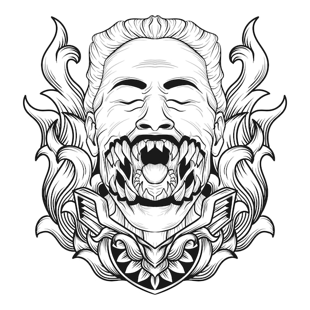 Tattoo and t shirt design black and white hand drawn monster