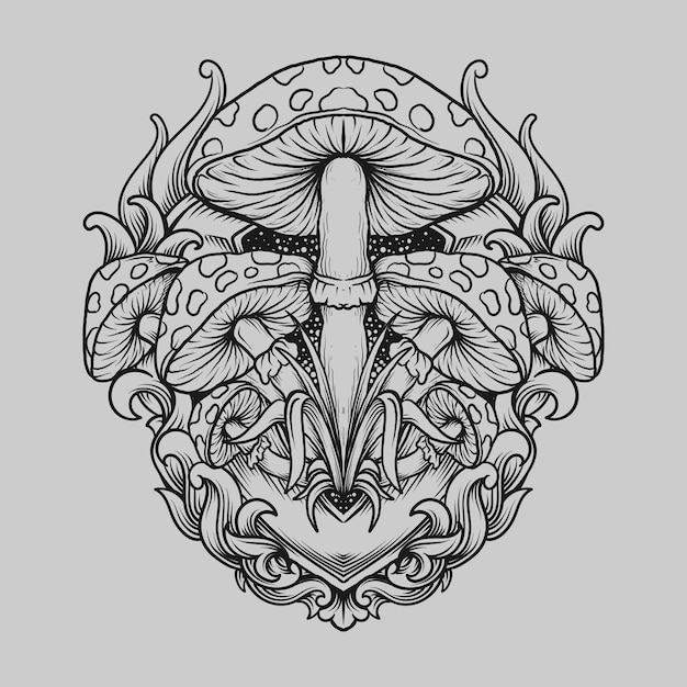 Tatuaggio e t-shirt design ornamento di incisione di funghi disegnati a mano in bianco e nero