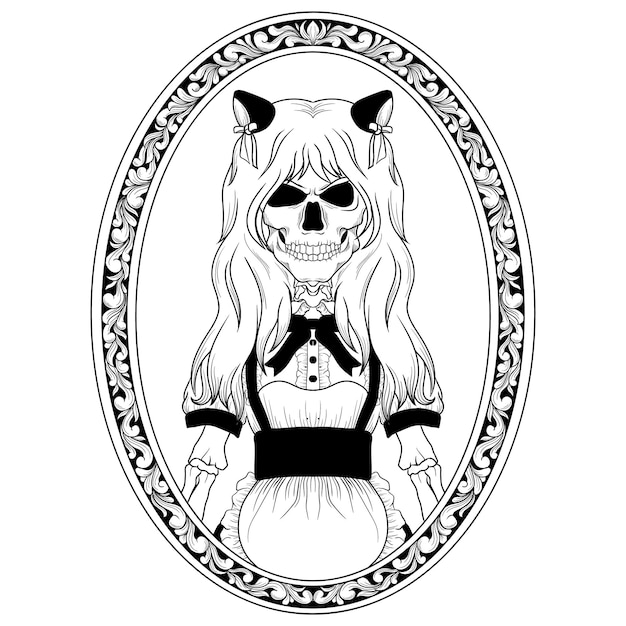 tattoo and t shirt design black and white hand drawn skeleton maid engraving ornament