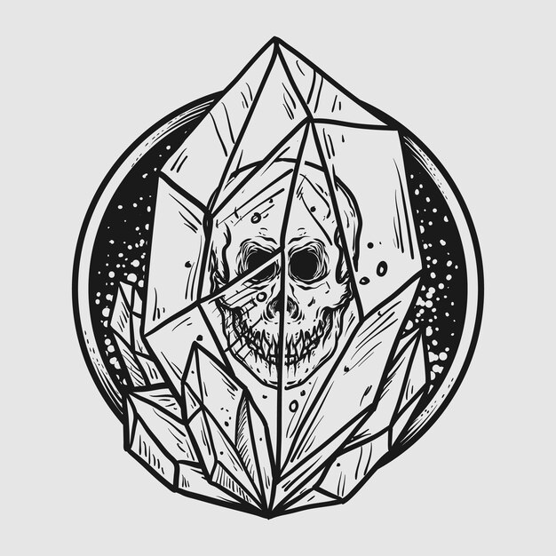 tattoo and t shirt design black and white hand drawn skull in crystal stone