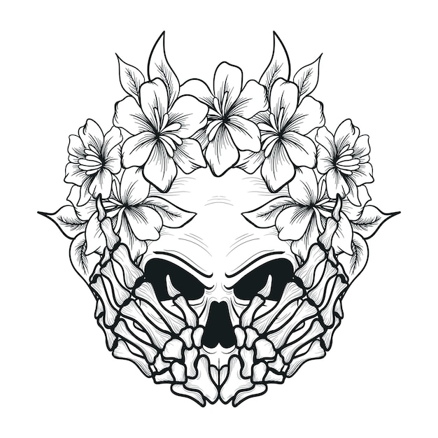 Tatuaggio e t-shirt design in bianco e nero disegnato a mano teschio e ornamento di incisione di fiori