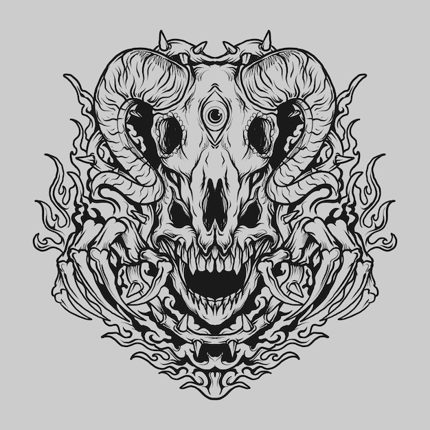 Tatuaggio e t-shirt design teschio disegnato a mano in bianco e nero e teschio di capra