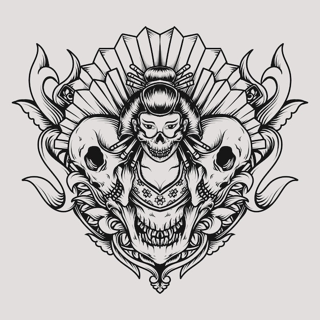 Vector tattoo and t-shirt design geisha and skull engraving ornament